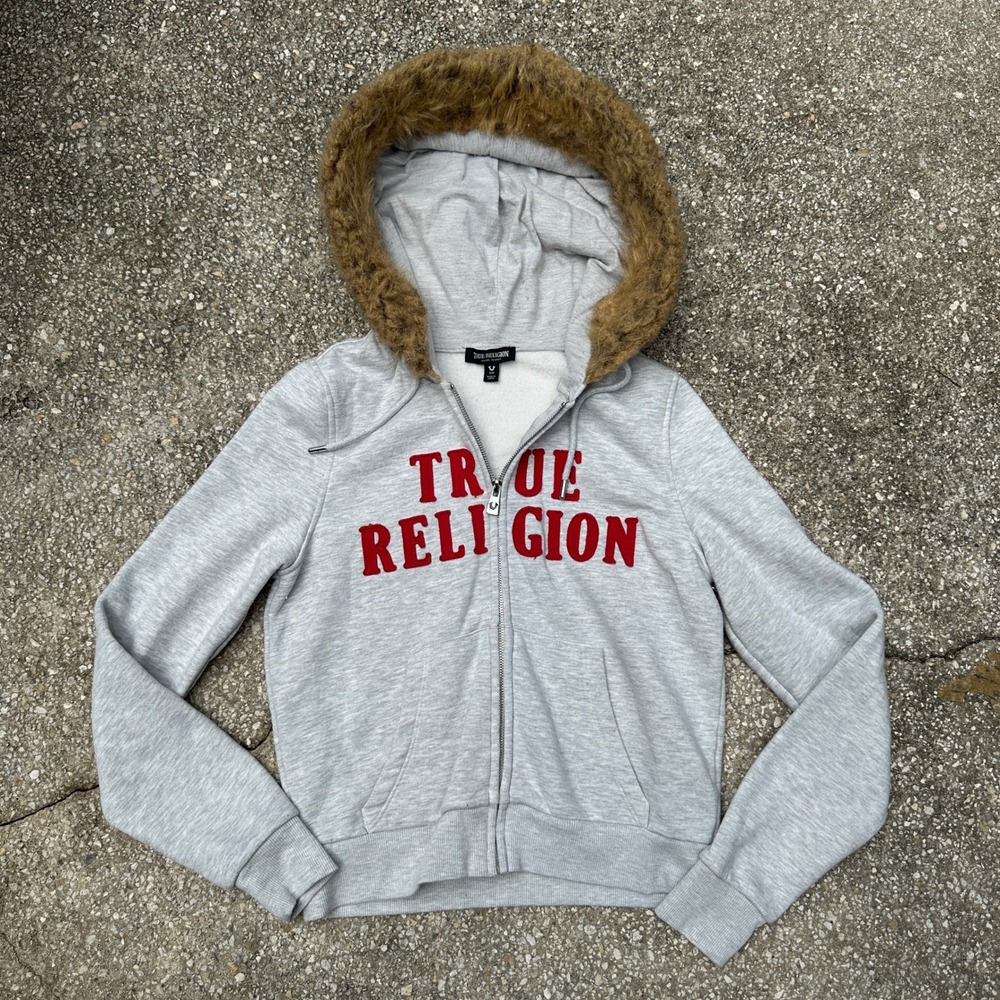 True Religion Womens Gray Faux Fur Trim Full Zip Hoodie Red Logo Sweatshirt S